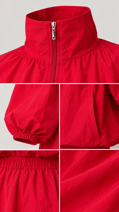 Detailed close-up views of zipper collar, elastic cuffs, side pockets, and fabric texture