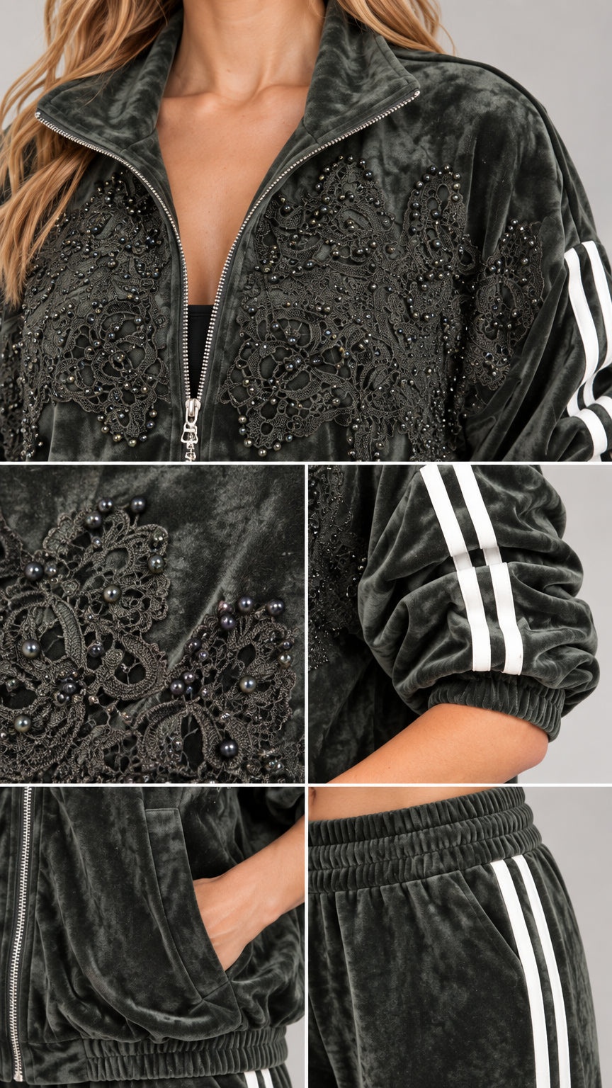 Close-up details of beaded lace embroidery and striped cuffs on velvet jacket