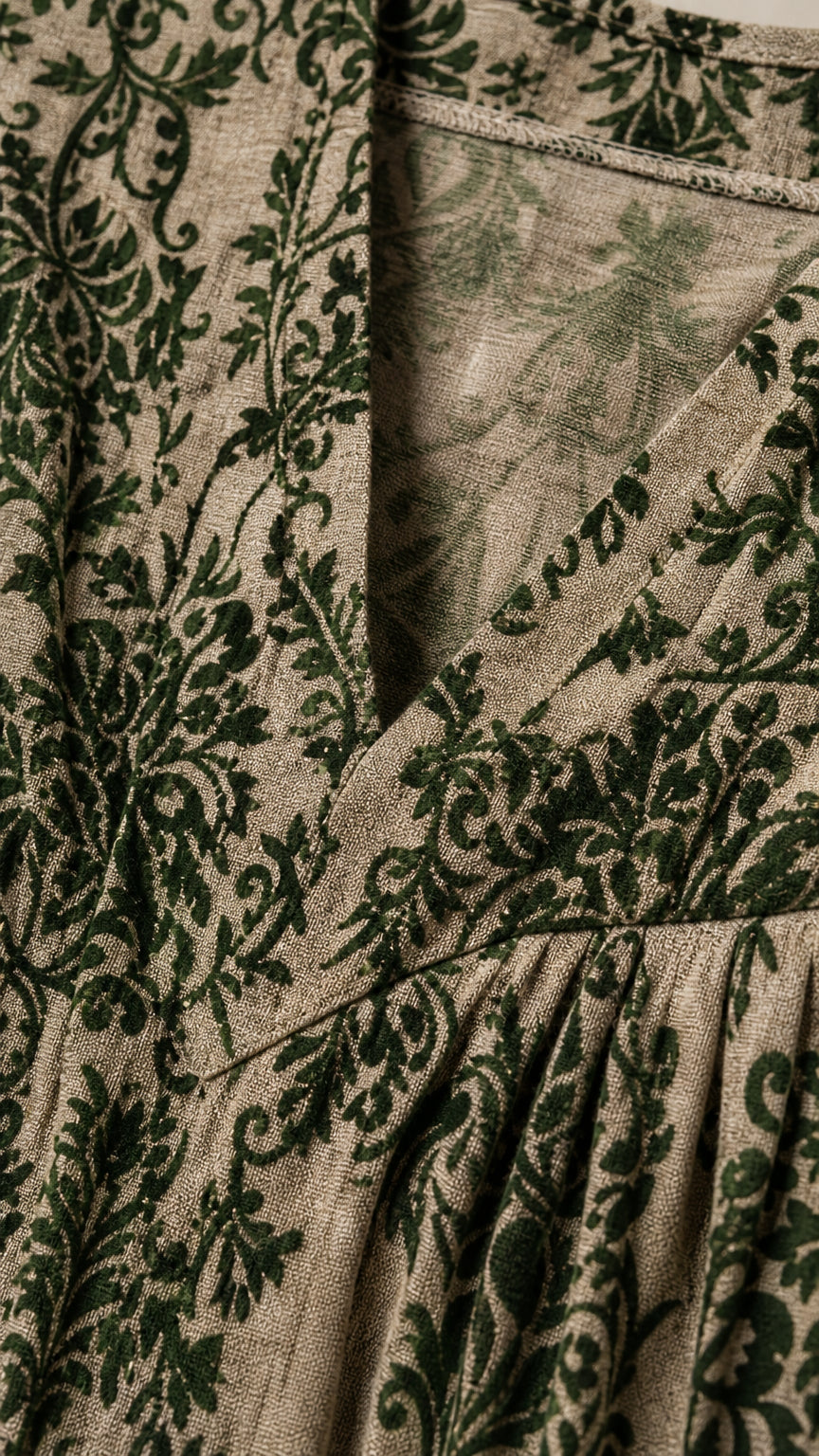 Close-up detail of fabric texture and V-neckline