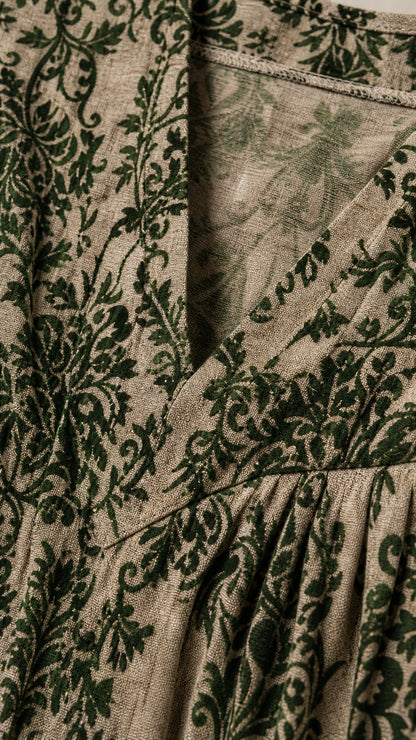Close-up detail of fabric texture and V-neckline