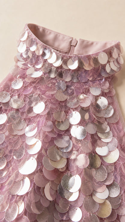 Close-up detail of high neckline and shimmering disc sequins on pink maxi dress