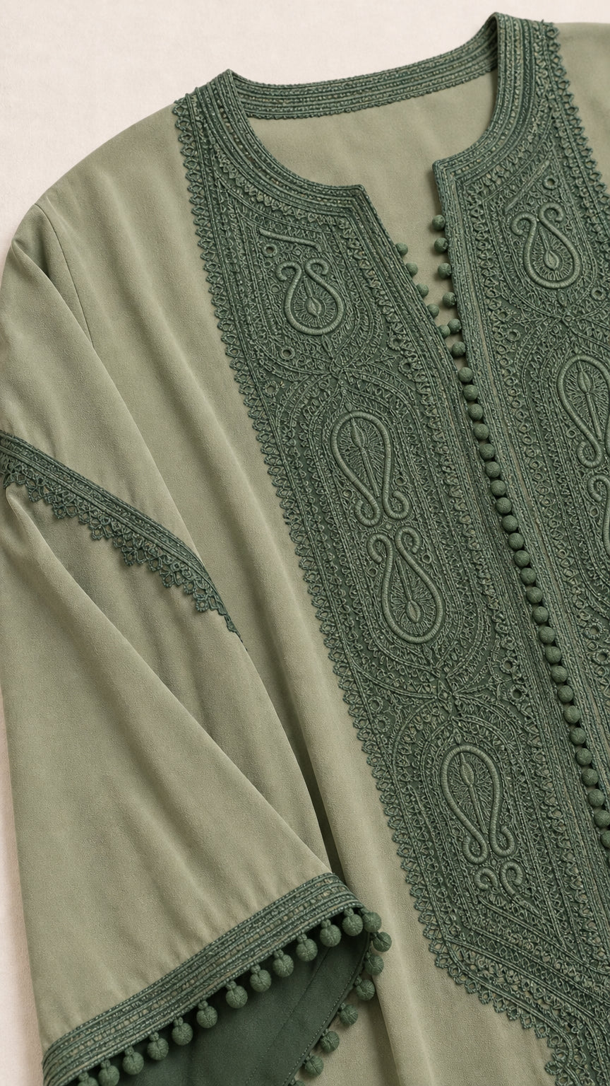 Close-up detail of green embroidery, front placket, and pom-pom sleeve trim