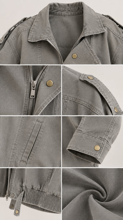 Close-up details of collar, zip front, shoulder epaulets, pockets, and washed twill fabric