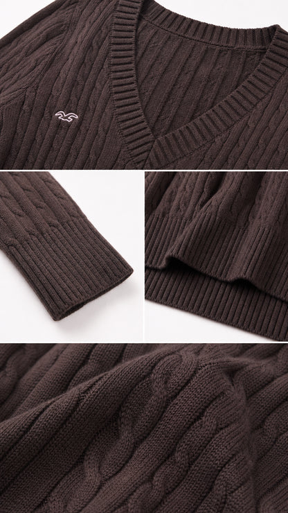 Close-up detail of cable knit texture, ribbed V-neckline, cuff, and hem