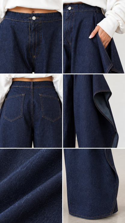 Detailed collage showing waistband, front pocket, back pocket, denim fabric texture, and draped hem