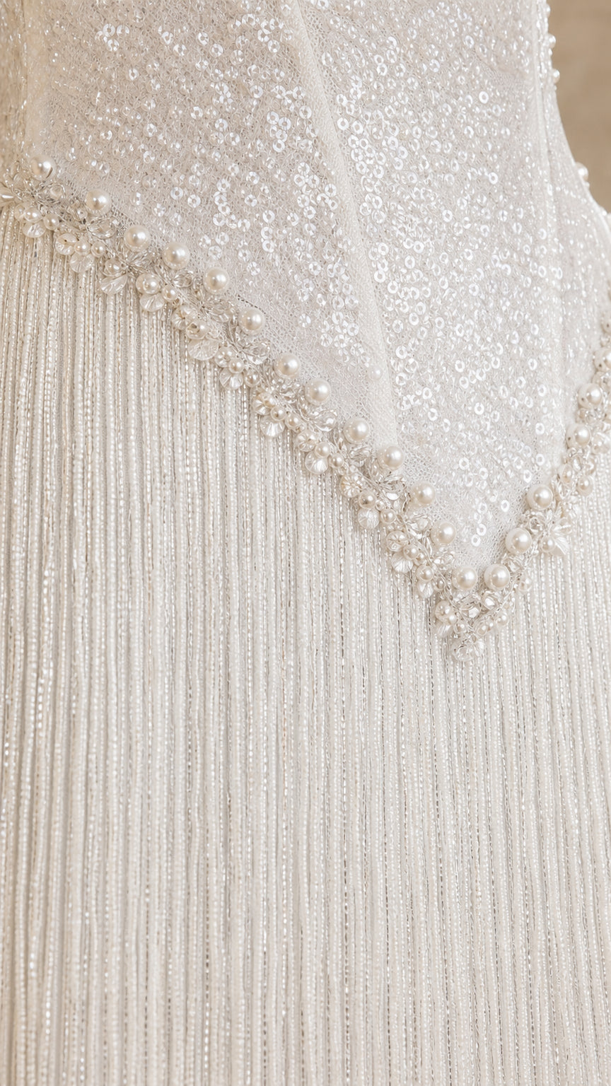 Close-up detail of white sequin bodice, pearl waist trim, and fringe skirt