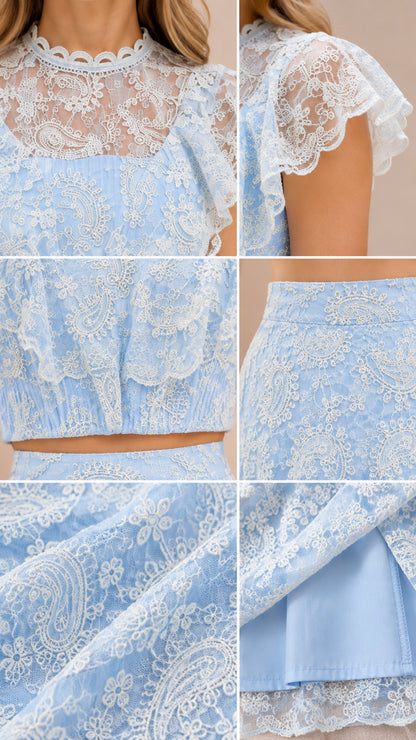 Detailed close-up view of light blue paisley lace pattern, neckline, and lining