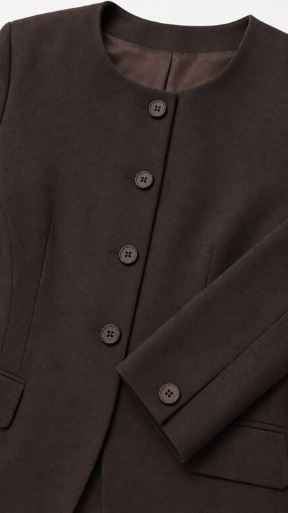 Close-up detail of dark brown crew neck button blazer