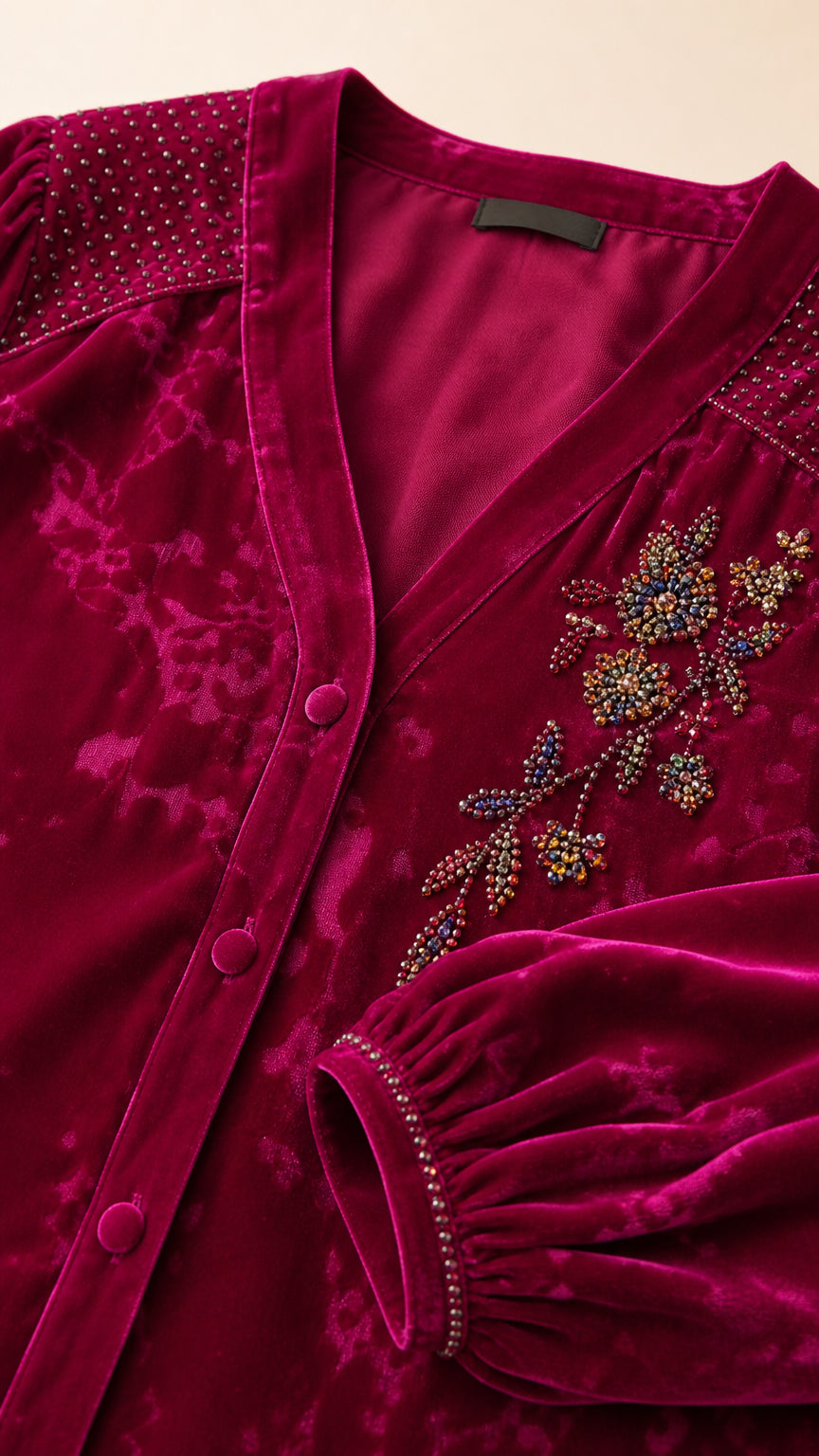 Close-up detail of floral beadwork and covered buttons on magenta velvet dress