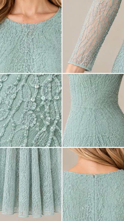 Close-up details of delicate sequined lace fabric, sheer sleeves, and neckline