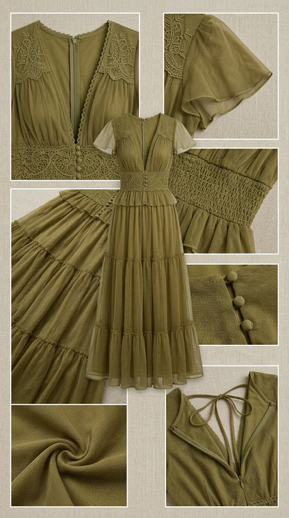 Product detail collage of olive green maxi dress showing lace trim, sleeves, back smocking, and fabric texture