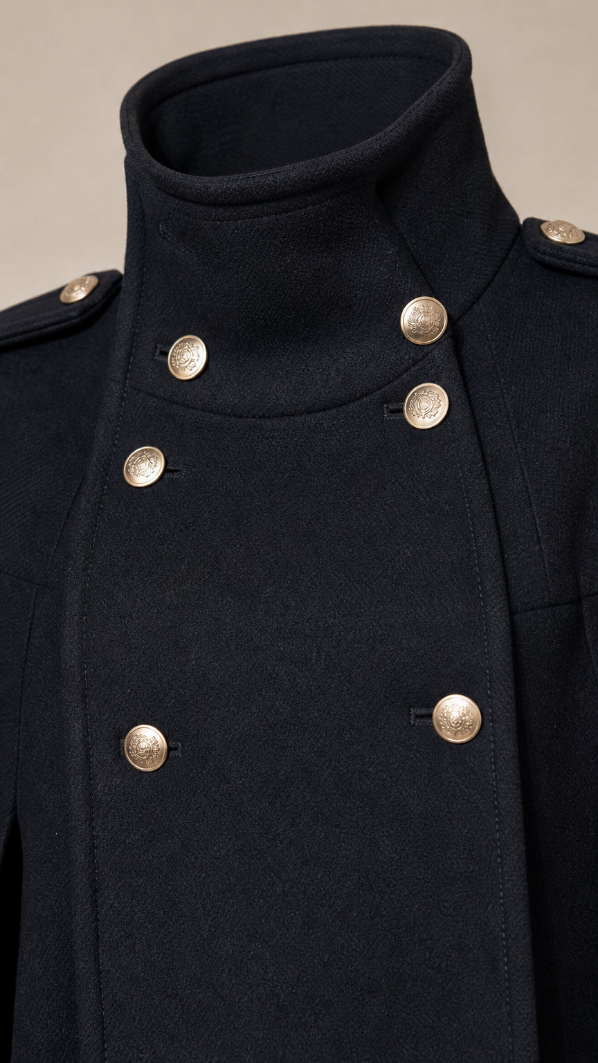 Close-up detail of stand collar and embossed gold-tone buttons on black cape coat