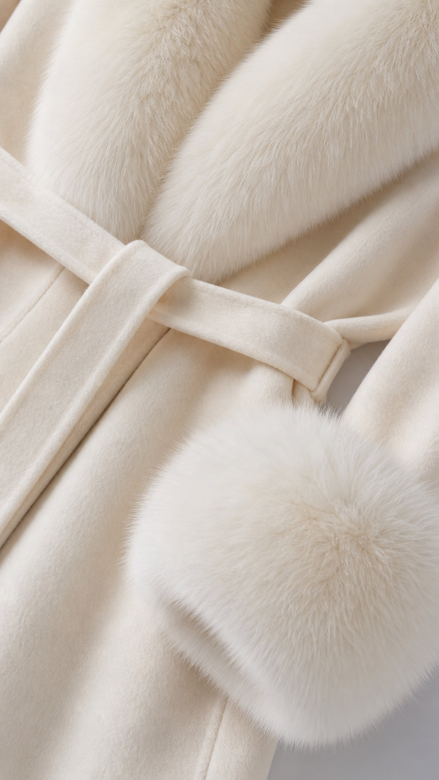 Close-up detail of soft cream fabric, plush fur collar, and tie waist belt