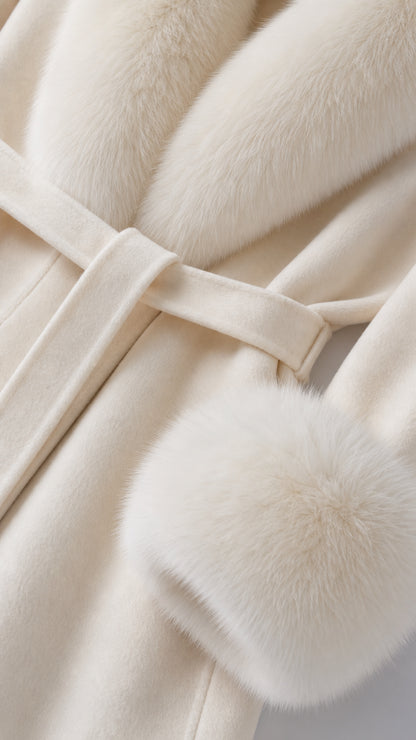 Close-up detail of soft cream fabric, plush fur collar, and tie waist belt