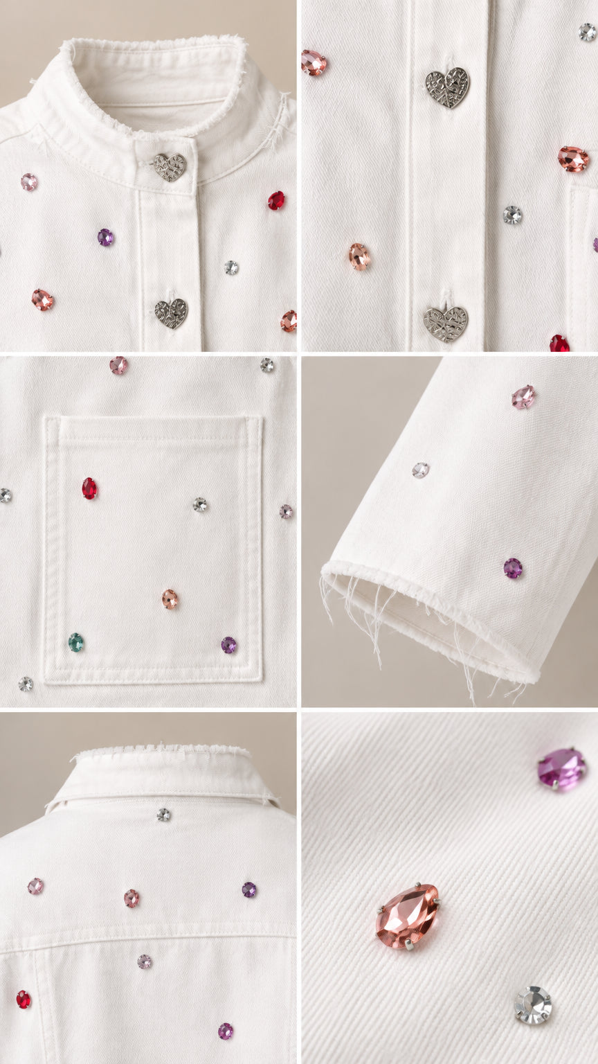 Close-up details of multicolored rhinestones, heart-shaped buttons, and raw frayed hems on white twill fabric