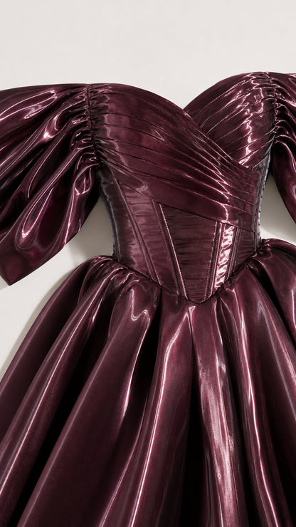 Close-up detail of bodice and pleated puff sleeves