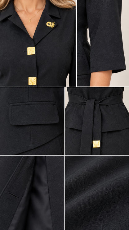 Close-up details of gold buttons, lapel collar, pockets, back tie, and textured fabric