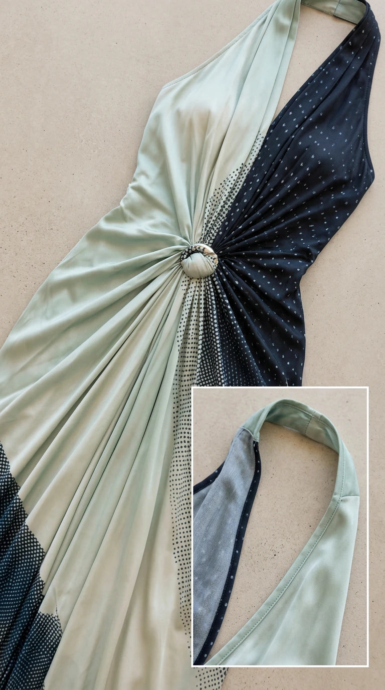 Close-up detail of Sage Navy draped bodice with circular ring gather and pattern accent