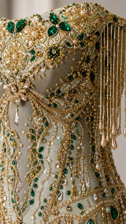 Close-up detail of emerald crystals, gold beading, and fringe sleeve accents