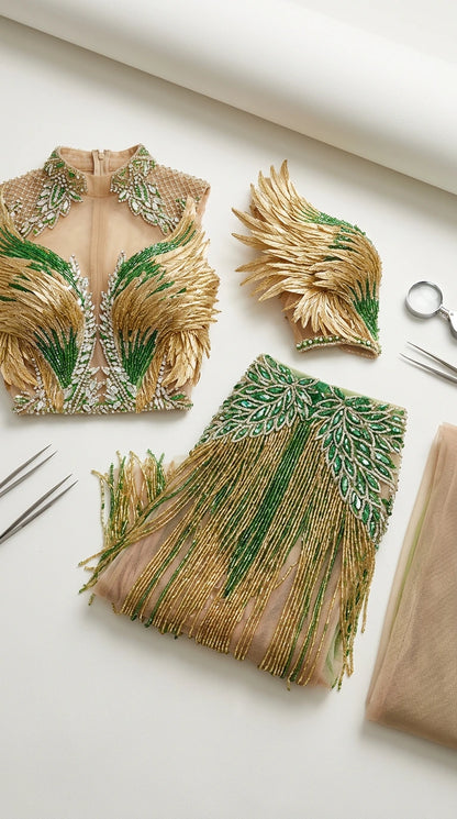 Craftsmanship close-up of intricate hand beading and feather shoulder accents