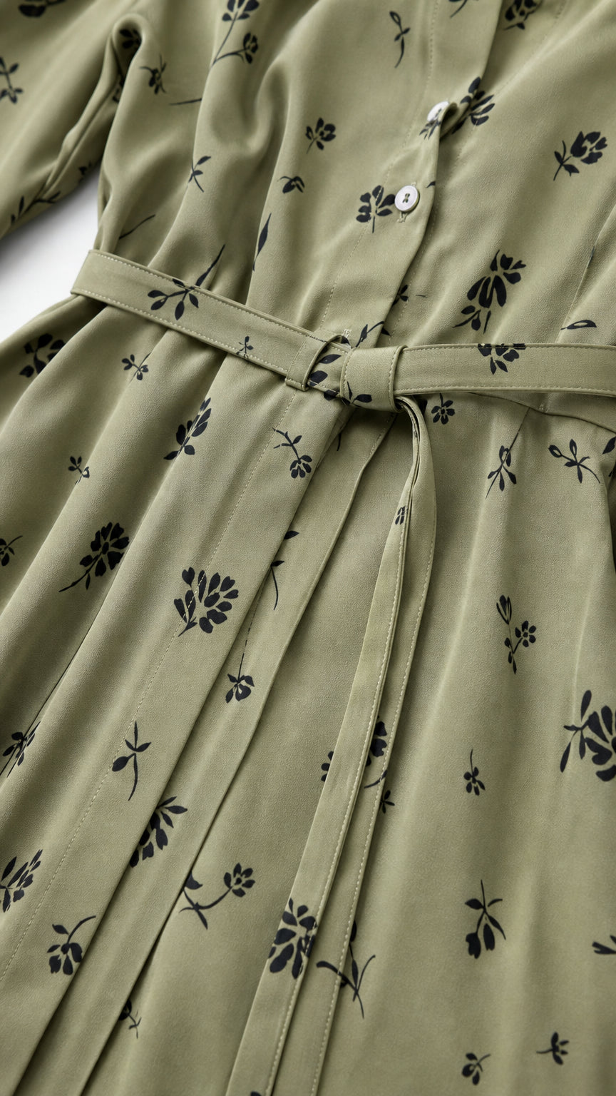 Close-up detail of buttons, belt, and floral pattern on sage green dress