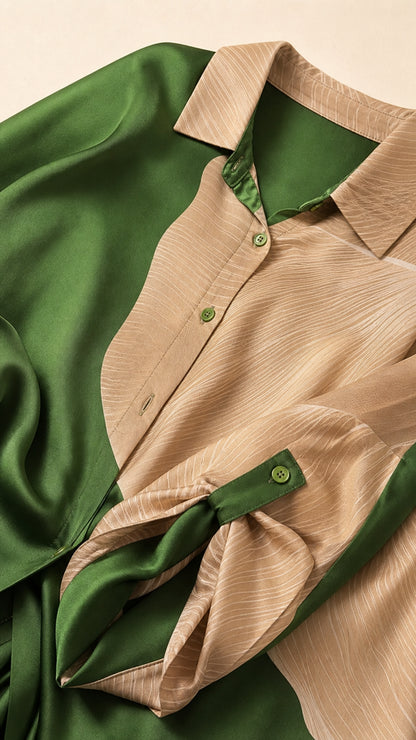 Close-up detail of green and beige shirt collar and sleeve tab