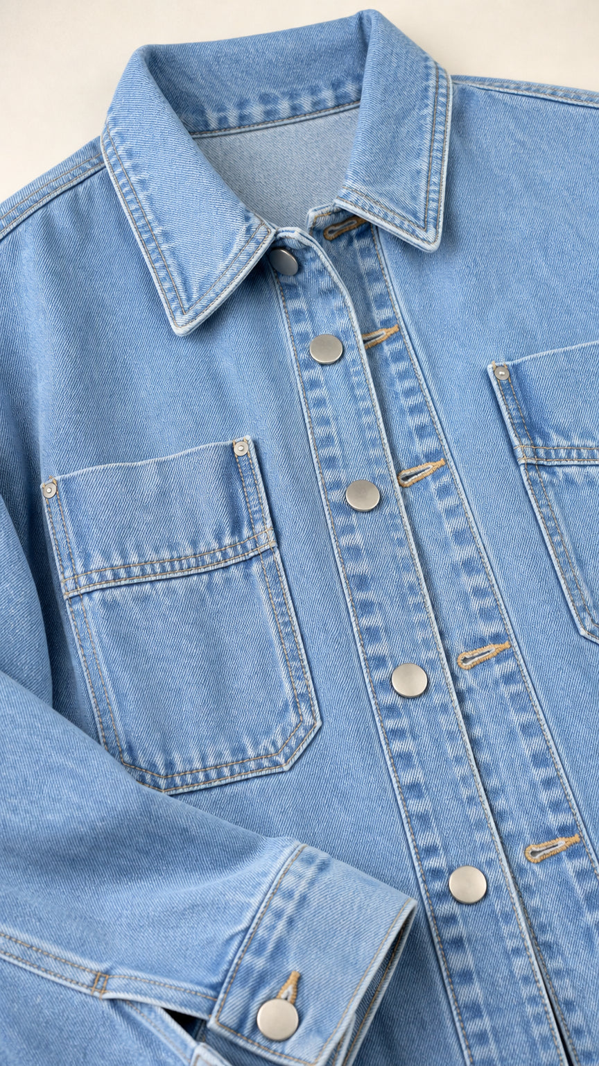 Close-up detail of collar, buttons, and chest pockets on light blue denim shacket