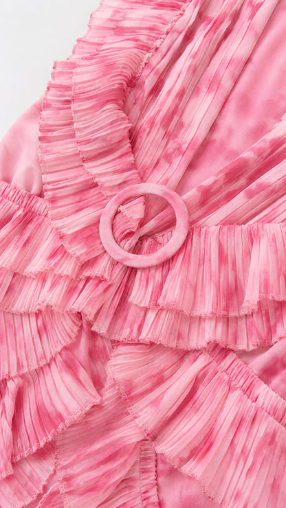 Close-up of fabric texture and O-ring belt on pink dress