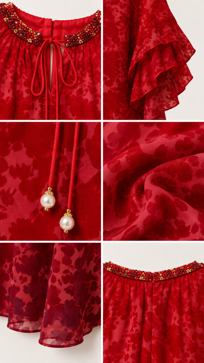 Close-up details of beaded collar, pearl-accented tie, tiered sleeve ruffles, and textured fabric