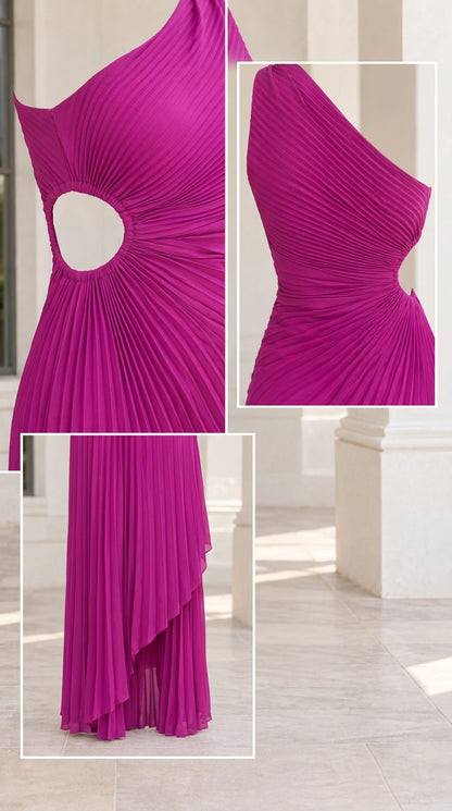 Close-up details of magenta pleated fabric, one-shoulder bodice, and waist cutout