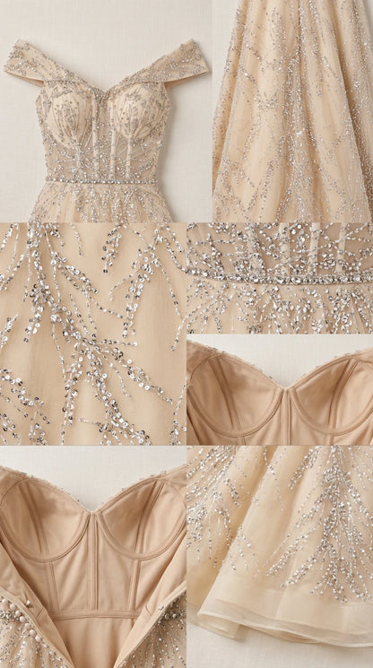 Close-up detail collage showing beaded bodice, structured cups, and sequin embellishments