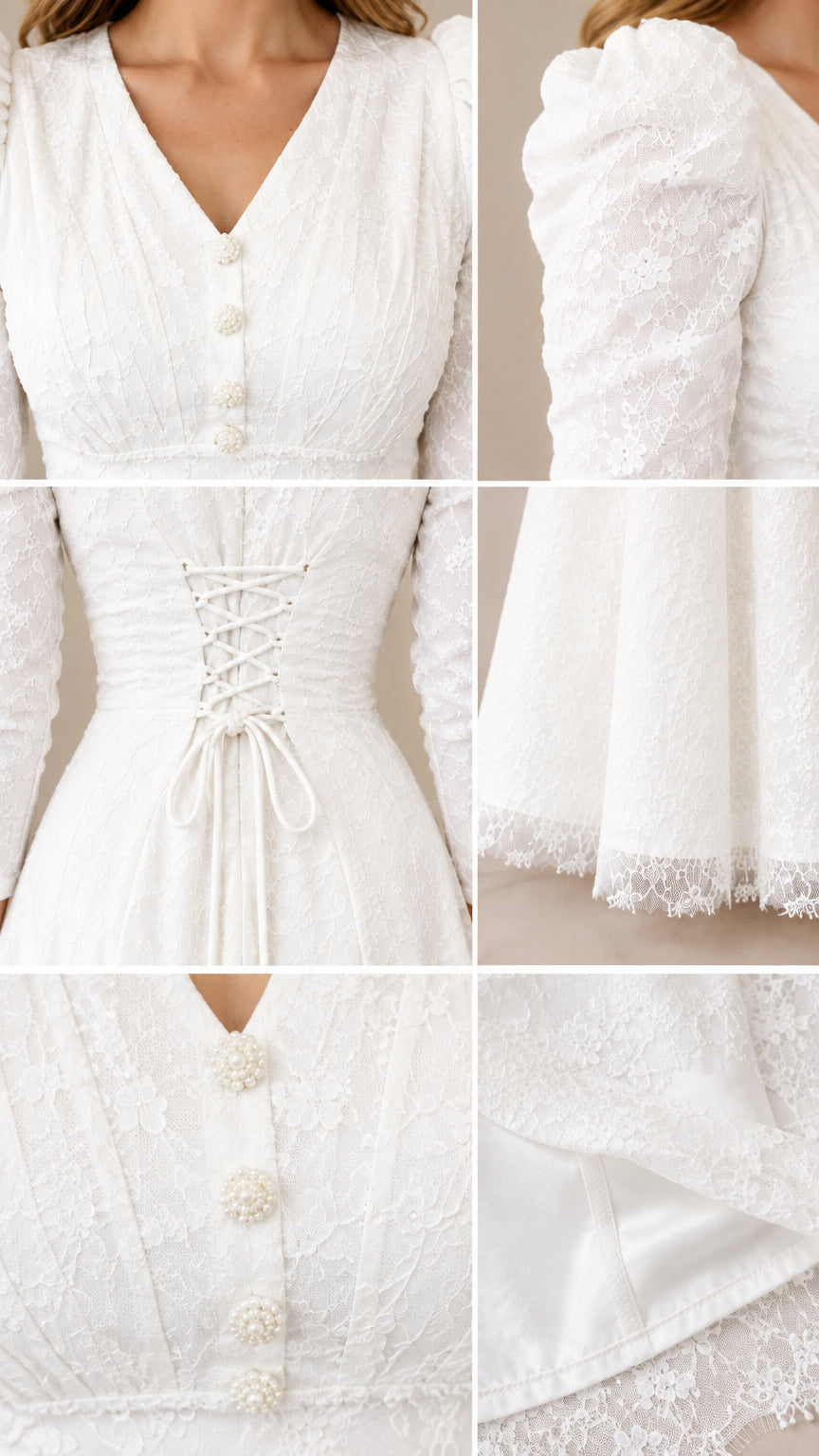 Close-up details of white lace dress featuring buttons, puff sleeve, corset back, and lace hem
