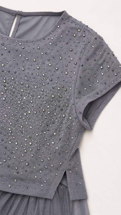 Close-up detail of the grey beaded bodice and short sleeves