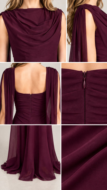 Close-up details of cowl neckline, cape streamer shoulder, zipper, and fabric