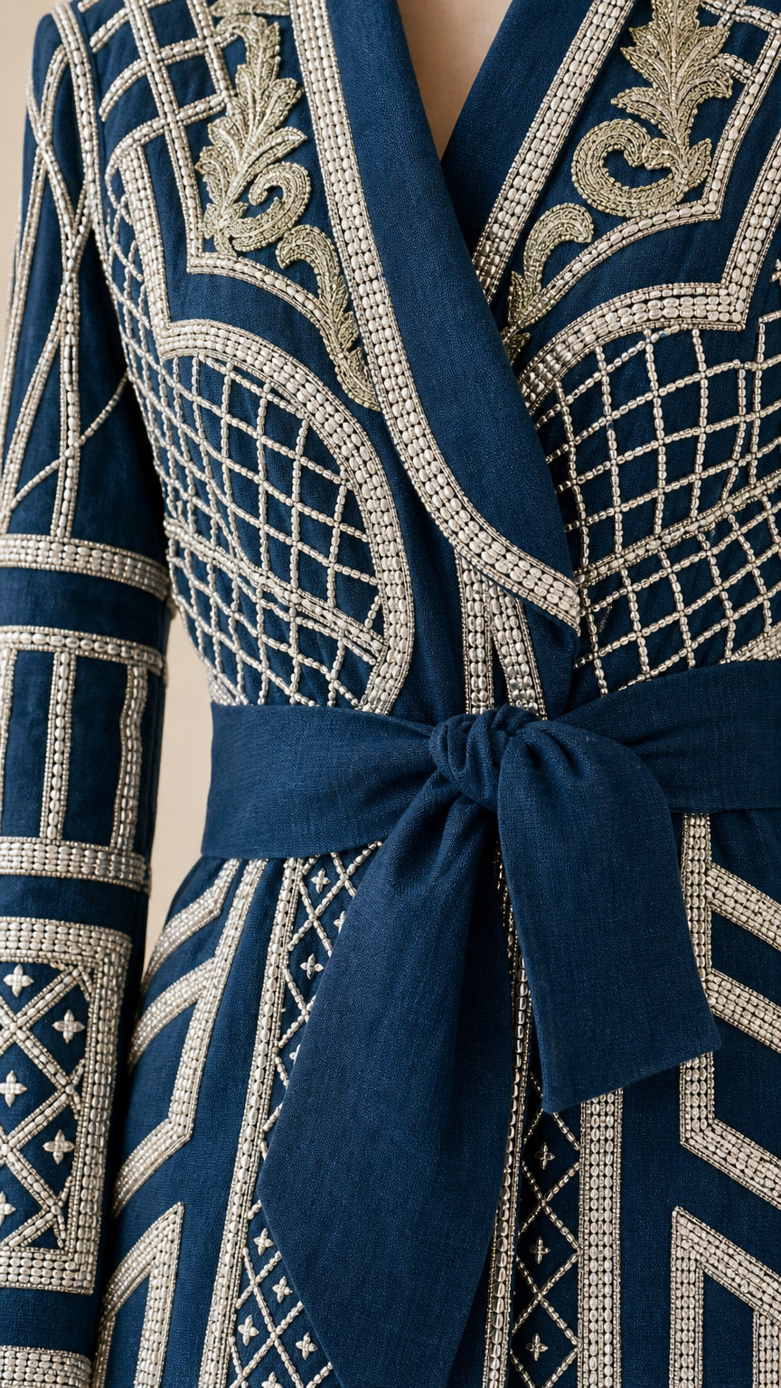 Close-up detail of lapel, embroidery, and tie belt on navy coat