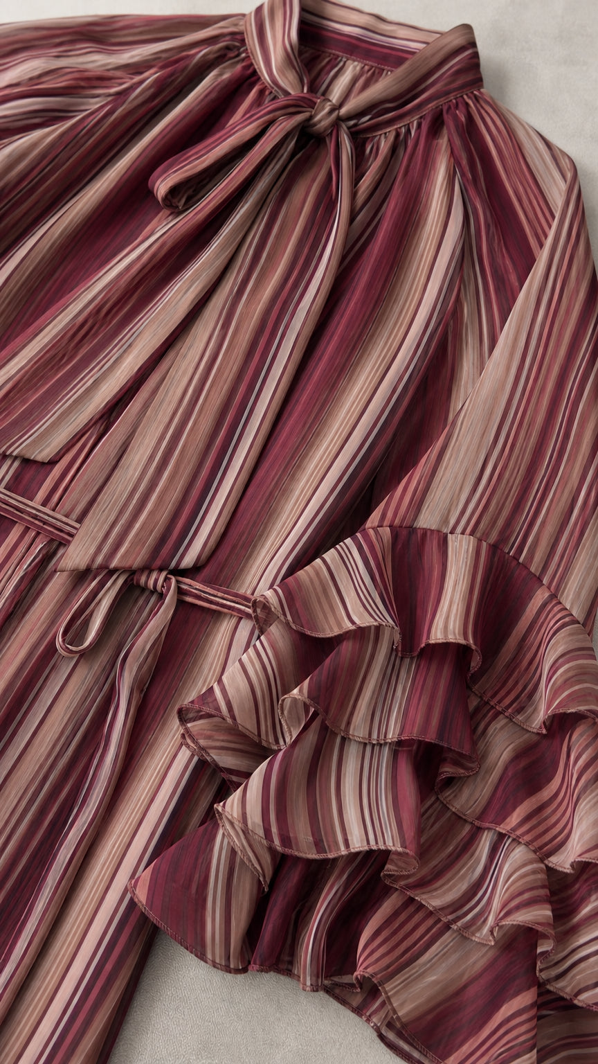 Close up of burgundy striped dress tie neck and ruffle cuff details