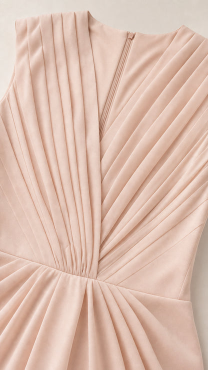 Close-up detail of V-neck pleated bodice construction and delicate fabric texture