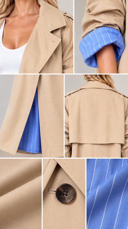 Close-up details of trench coat notch lapel, rolled striped cuff, side split hem, and button fastener