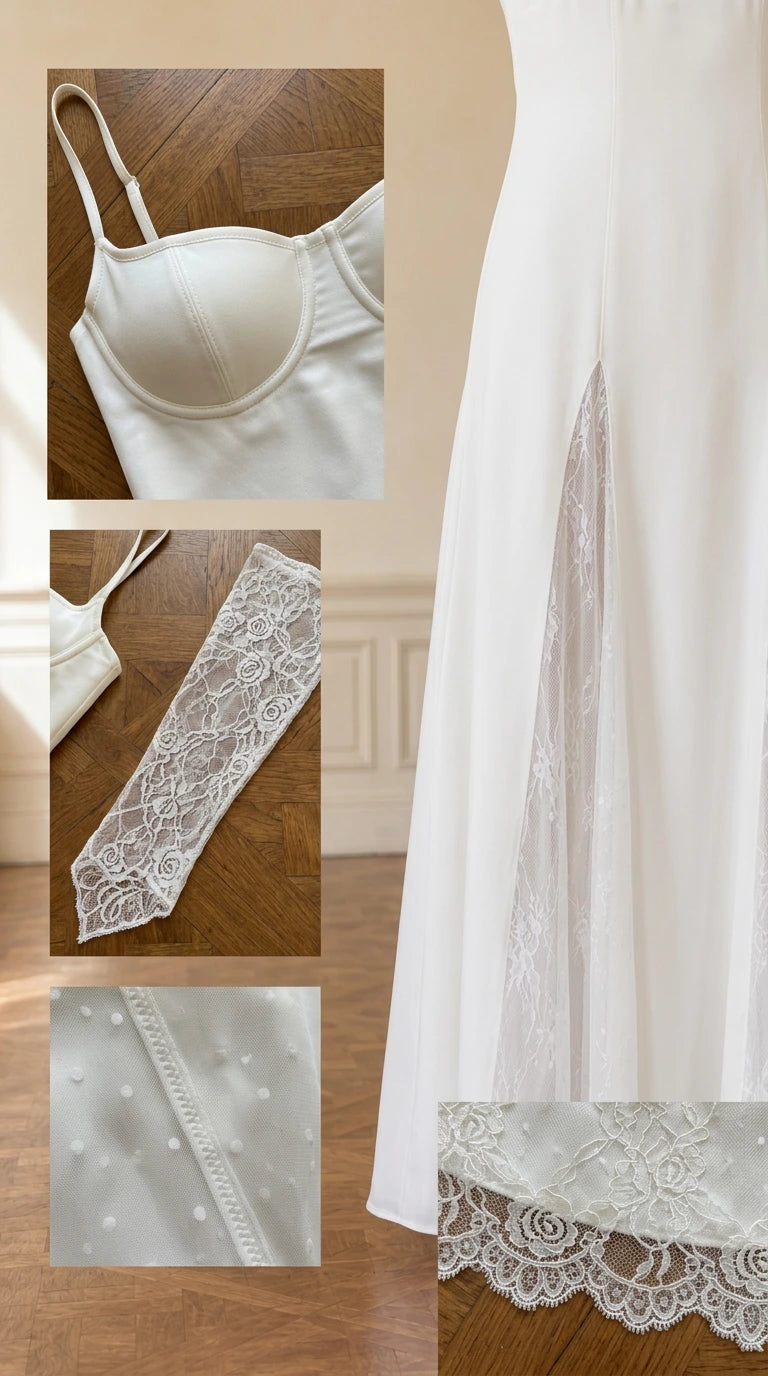 Close-up details of padded bustier cups, sheer lace gloves, and lace godet hem