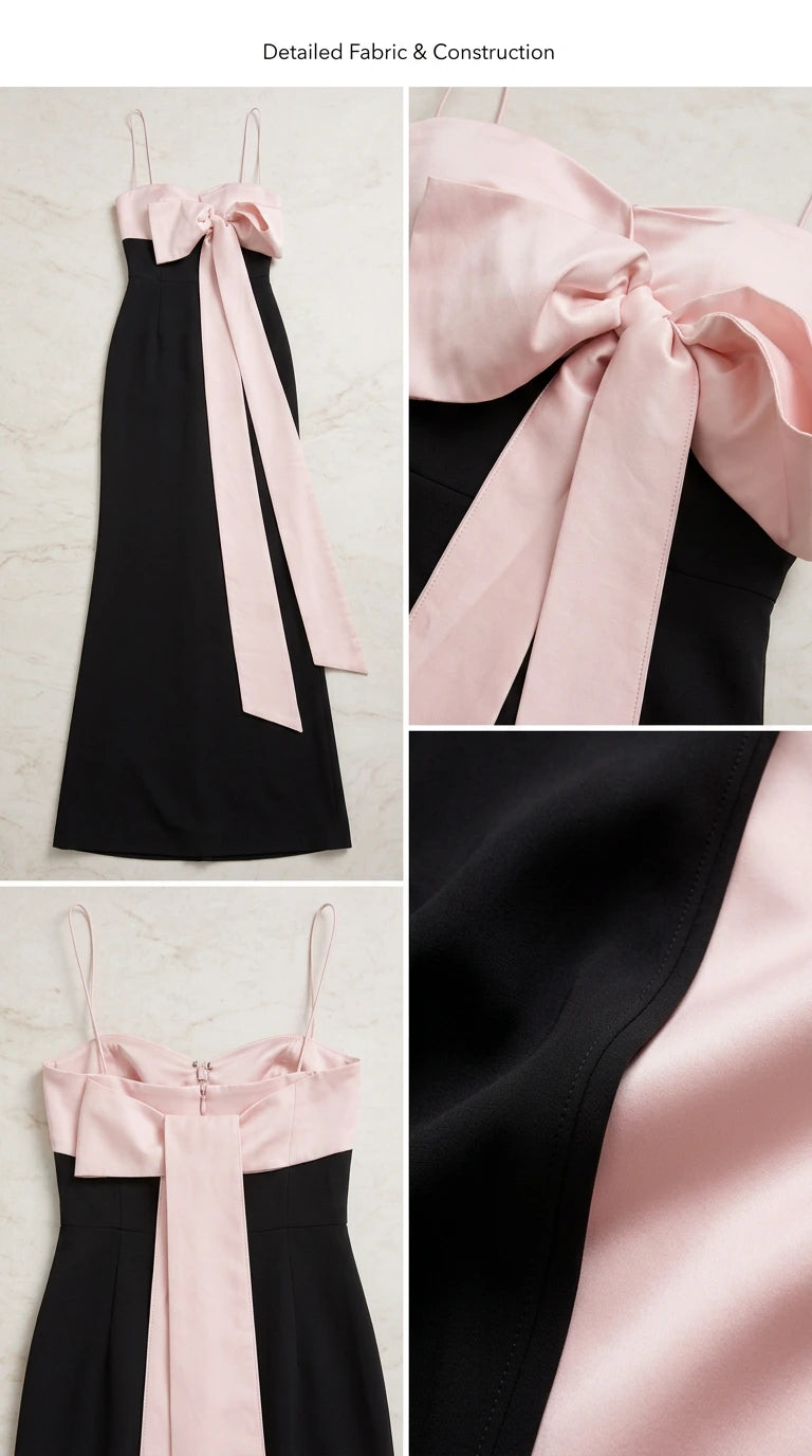 Close-up detail of fabric texture and bow construction on Black and Pink evening dress