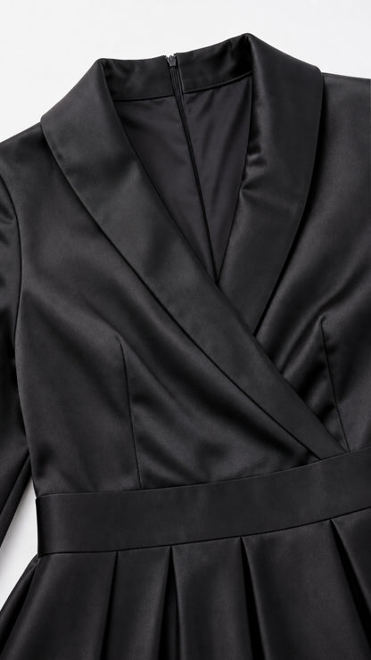 Close-up detail of bodice and lapel on black satin dress