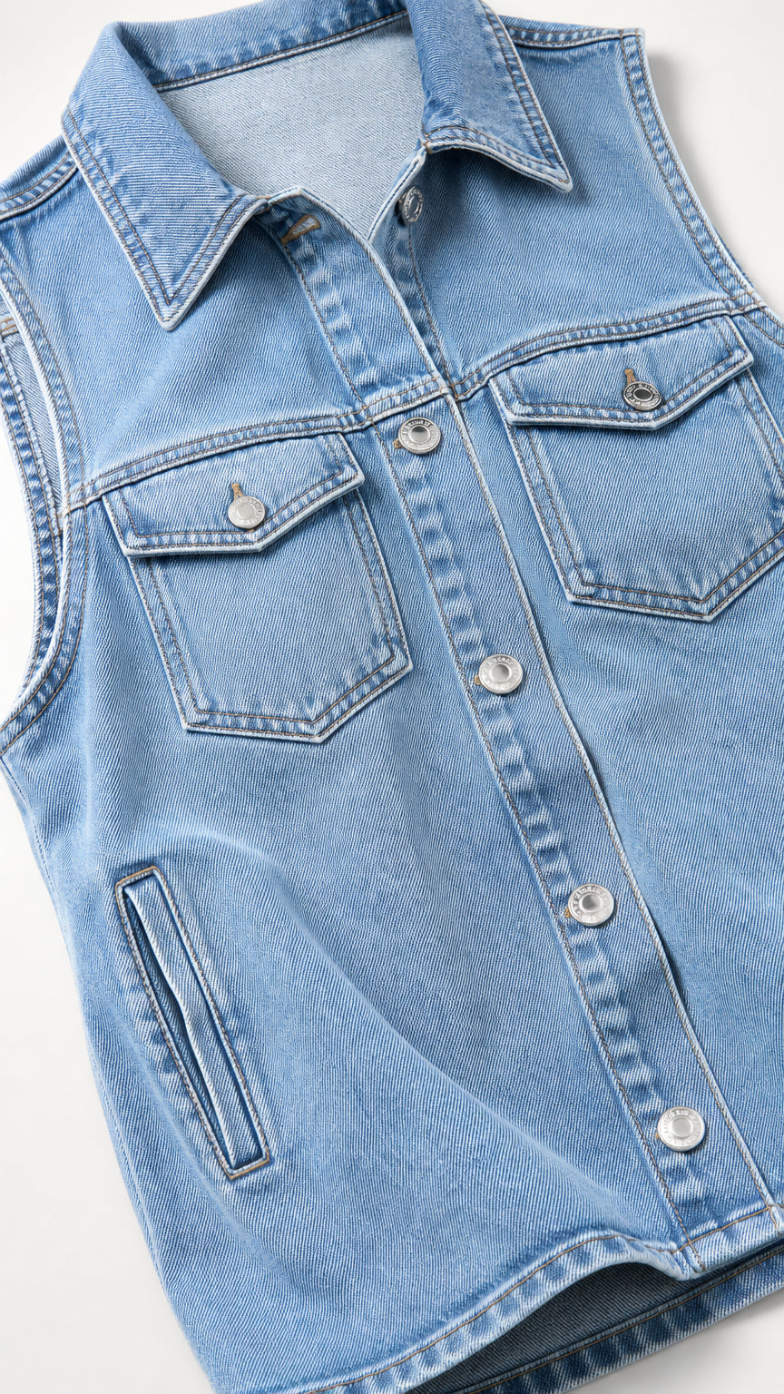 Close-up detail of light blue denim vest showing collar and button pockets
