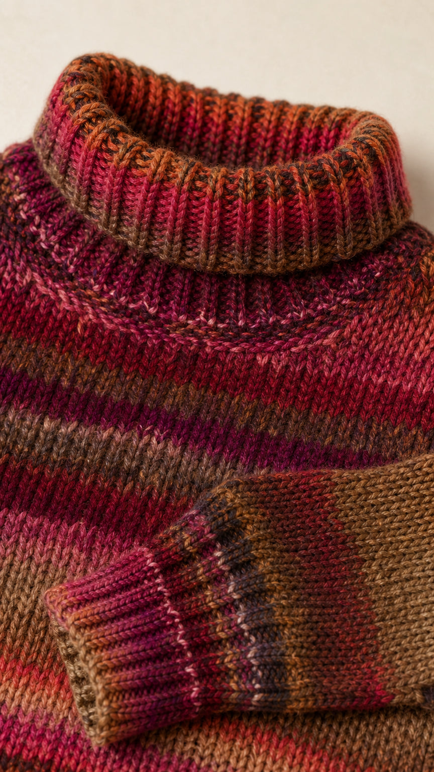 Close-up detail of Burgundy Multi textured ribbed turtleneck and knit cuff