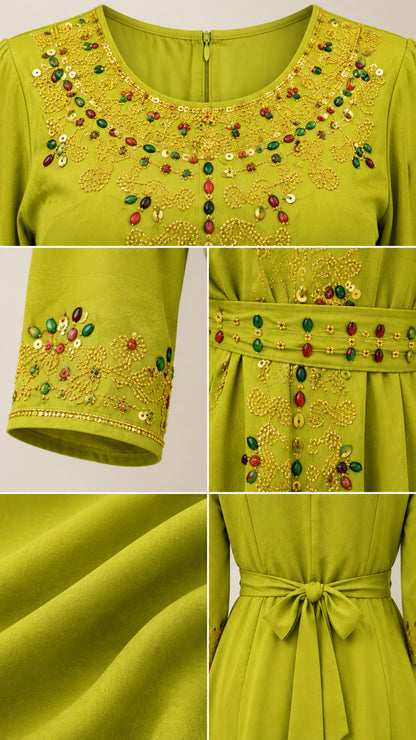 Close-up details of neckline beadwork, sleeve embroidery, waist tie, and fabric texture