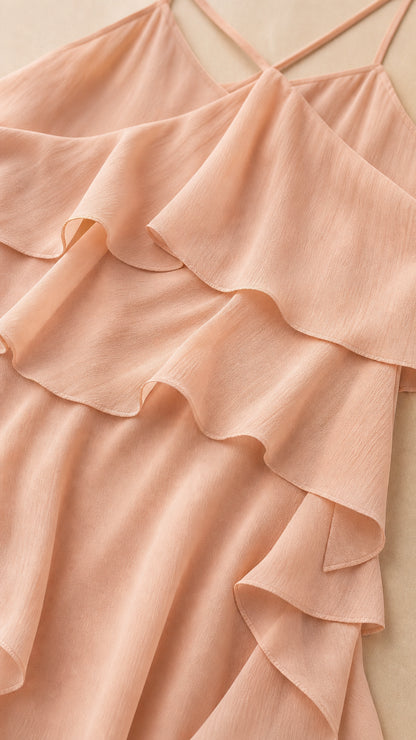 Close-up of fabric texture and cascading ruffles on peach dress