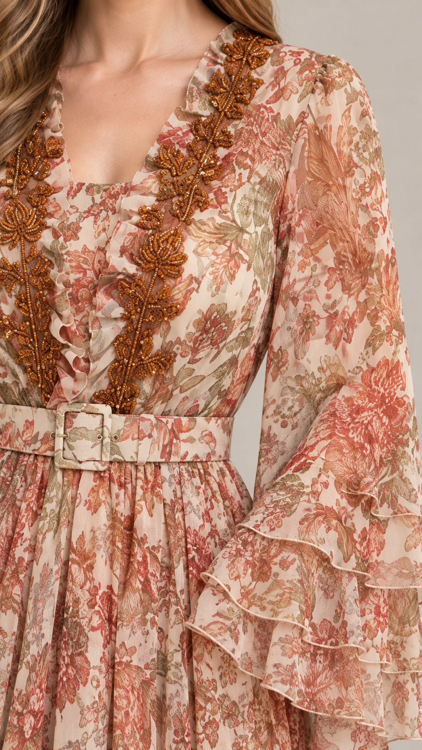 Close-up detail of beaded V-neckline and belt buckle on blush floral dress