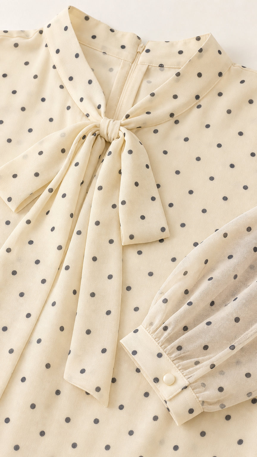 Close up of collar, bow, and sleeve details of cream polka dot dress