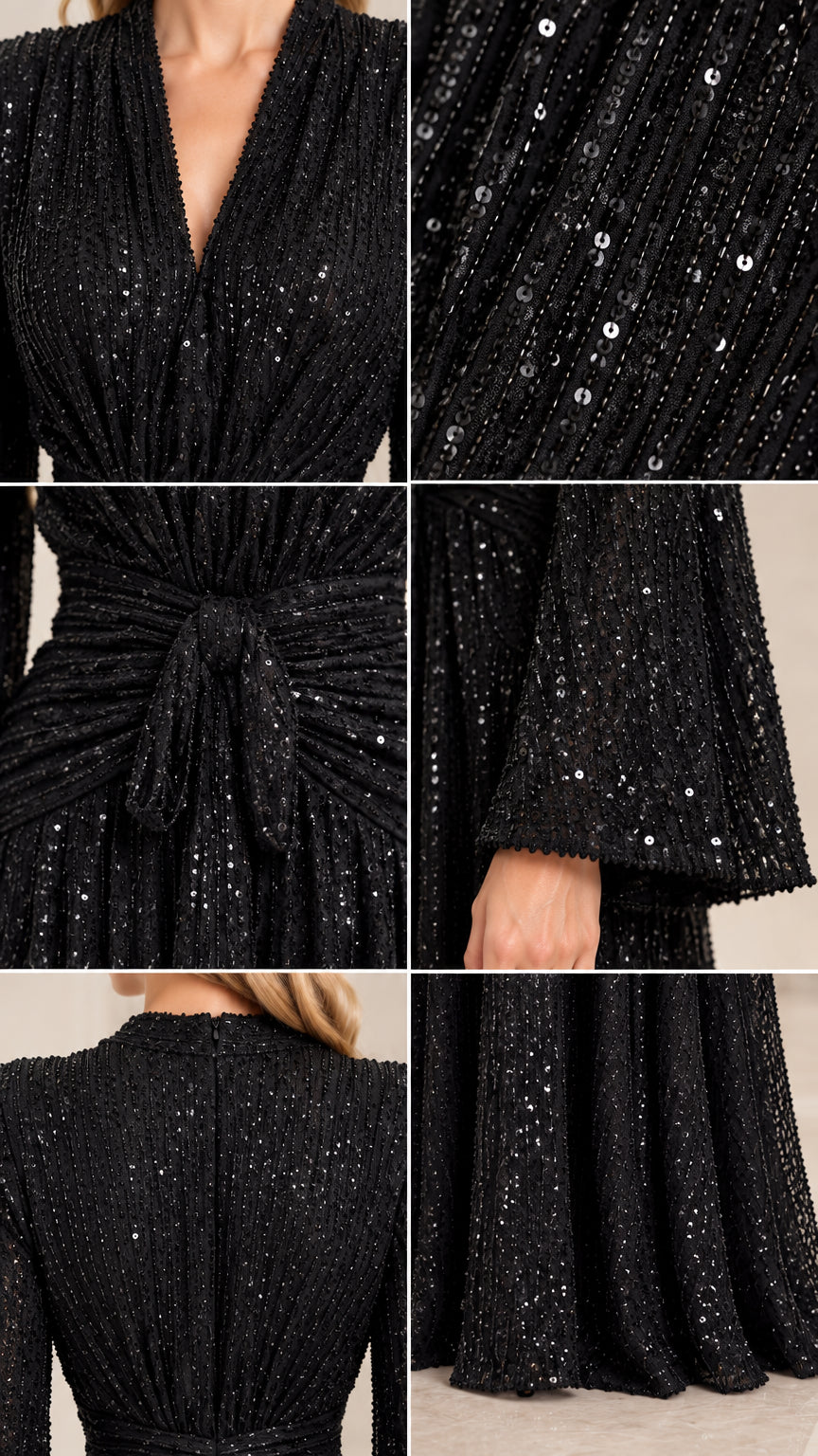 Close-up detail of sequin texture, neckline, knot waist, and bell cuffs