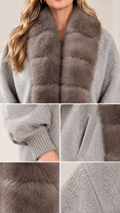 Close-up details of plush fur collar, ribbed cuffs, side pocket, and knit texture
