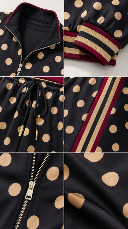 Close-up details of collar, striped cuffs, drawstring waist, and zipper on black polka dot set